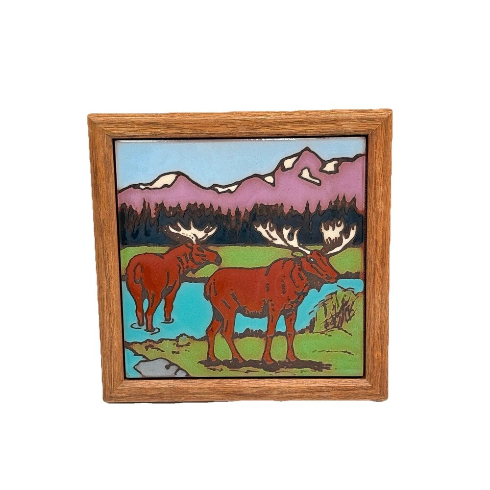 Vintage Framed Desert Dreams Moose Colorful Decorative Tile Art Artsy